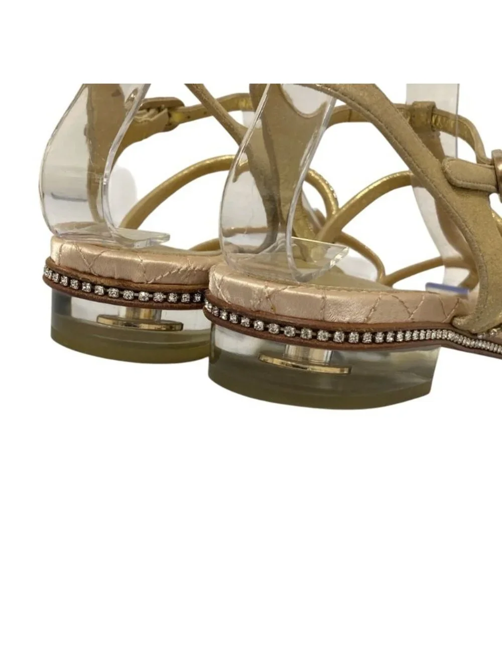 Chanel CC Logo Rhinestone Ankle Strap Flat Sandals 37C Gold